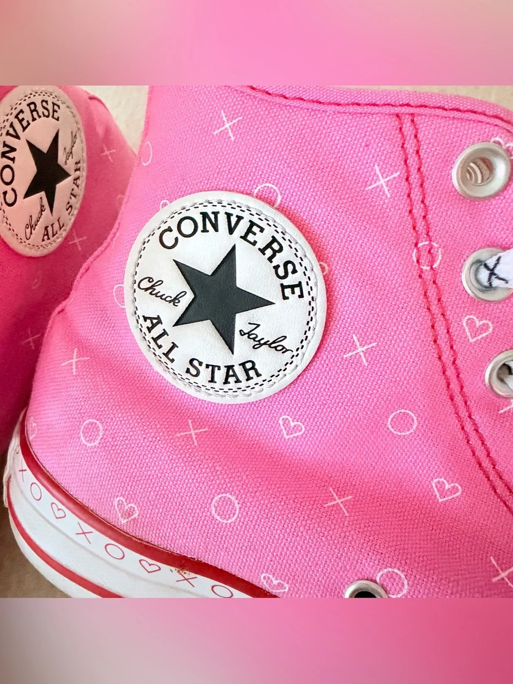 Converse high top half red , half pink “Xoxo” heart print shoes